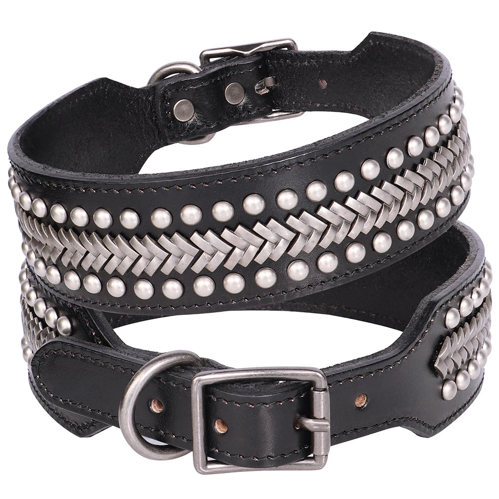 Luxury Genuine Leather Dog Collar – Wide Rivet Collar for Medium & Large Dogs
