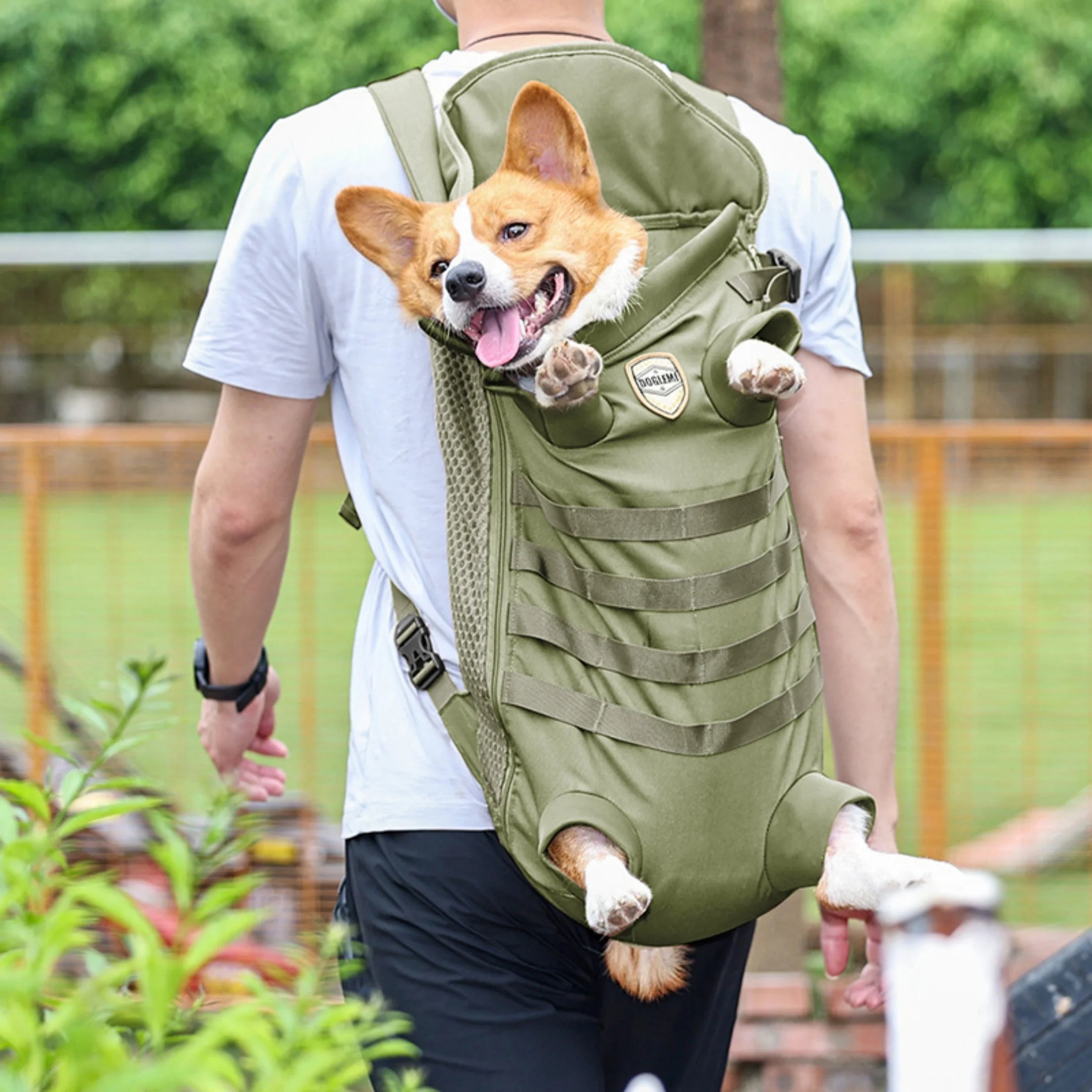 Hands-Free Dog Front Carrier Backpack – Breathable Legs-Out Pet Travel Bag, Green L