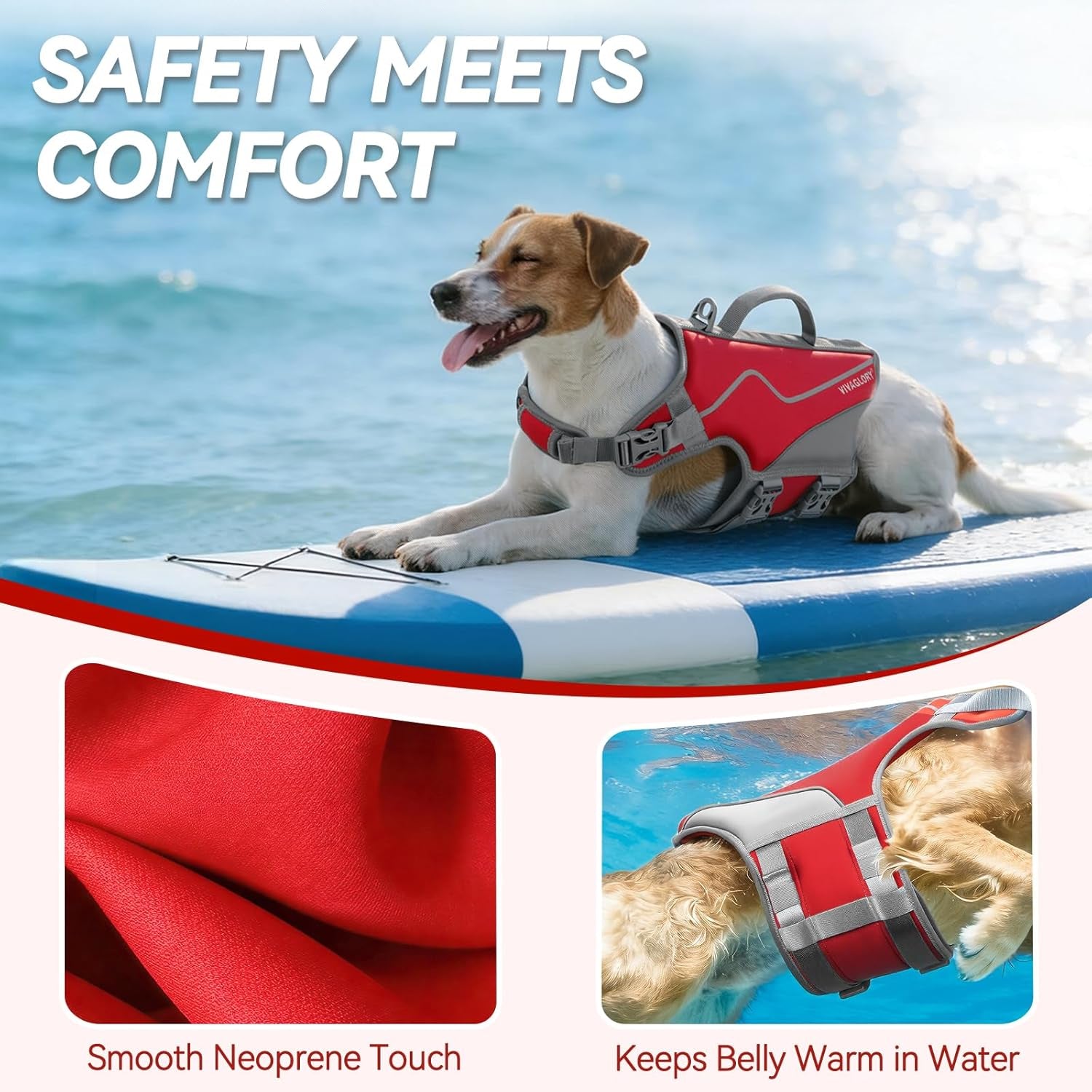 Neoprene Dog Life Vest for Swimming & Boating – Red Medium