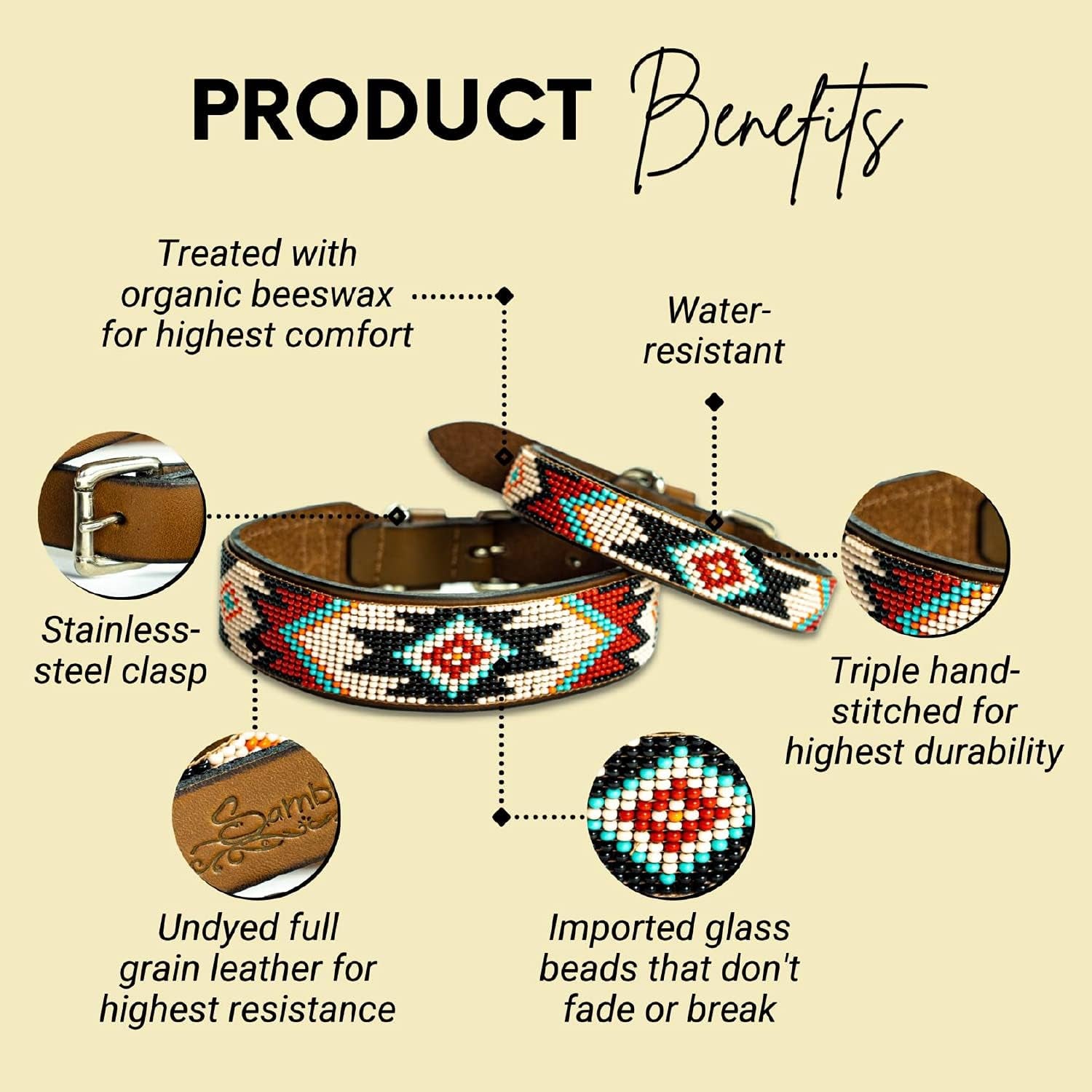 Phoenix Dog Collar - All Natural Handmade Soft Leather Dog Collar W/Durable Hand Stitched Beads and Embroidery for All Dogs (12-14")