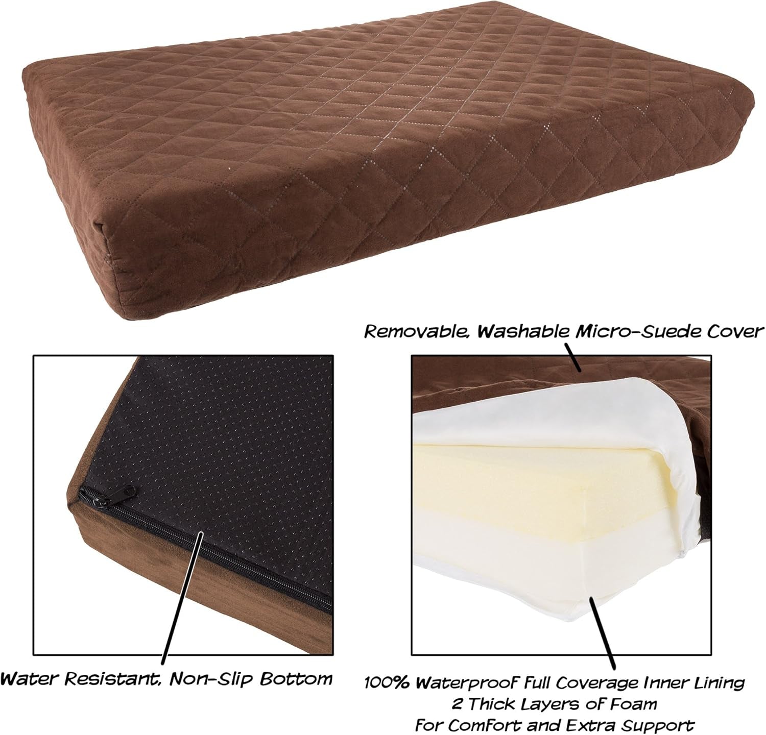 Waterproof Memory Foam Dog Bed – Removable Washable Crate Mat 30" × 21" Brown