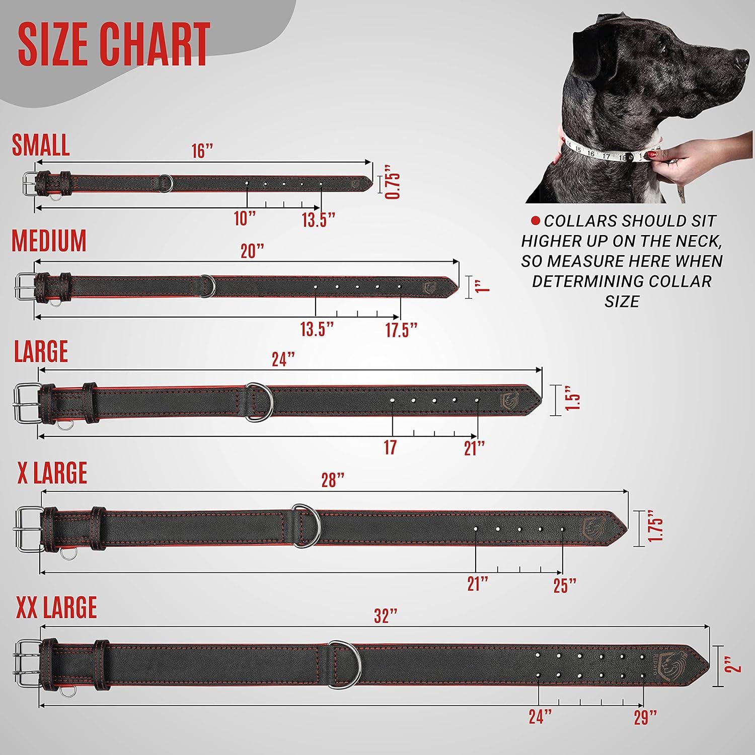 Riparo Dog Collars for Medium Dogs, Genuine Leather Dog Collar, Medium Dog Collar (M: 1" Wide for 13.5β-17.5β Neck, Black/Red Thread)