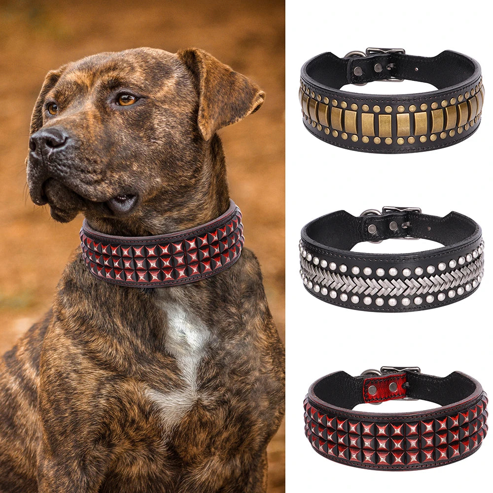Luxury Genuine Leather Dog Collar – Wide Rivet Collar for Medium & Large Dogs