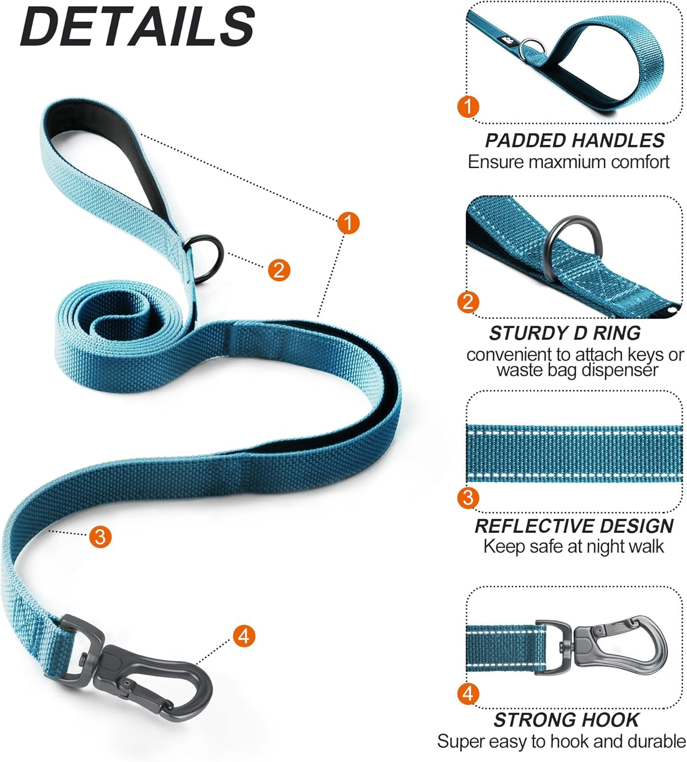 Strong Reflective Dog Leash with Dual Padded Handles – 6FT Heavy Duty Walking Lead