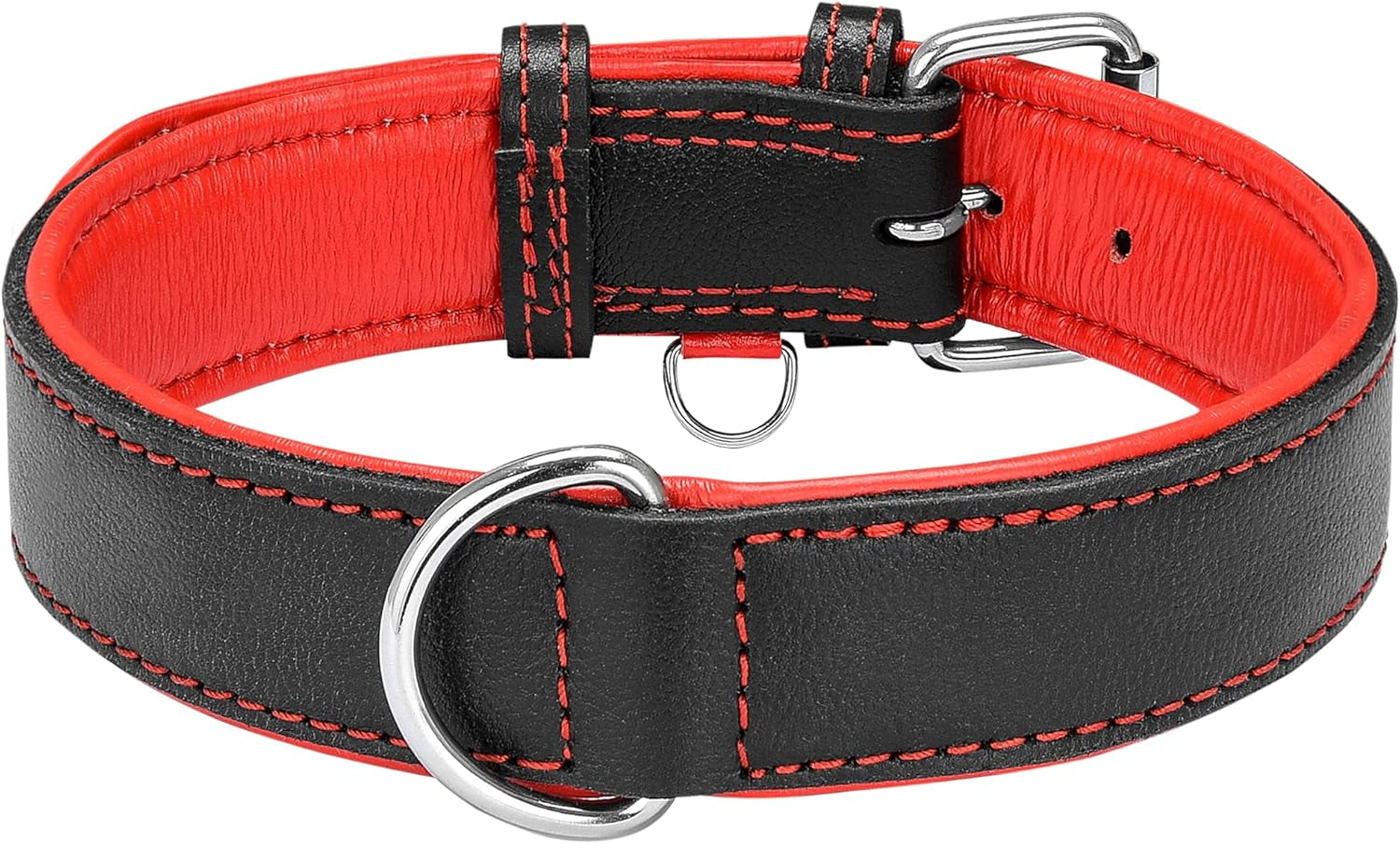 Riparo Dog Collars for Medium Dogs, Genuine Leather Dog Collar, Medium Dog Collar (M: 1" Wide for 13.5β-17.5β Neck, Black/Red Thread)