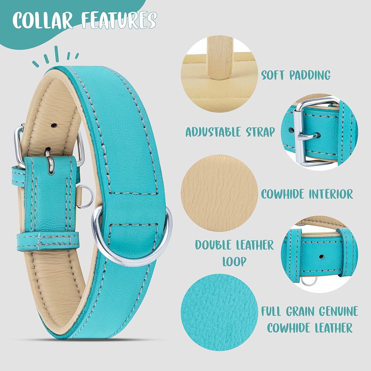 Riparo Dog Collars for Medium Dogs, Genuine Leather Dog Collar, Medium Dog Collar (M: 1" Wide for 13.5β-17.5β Neck, Aqua)