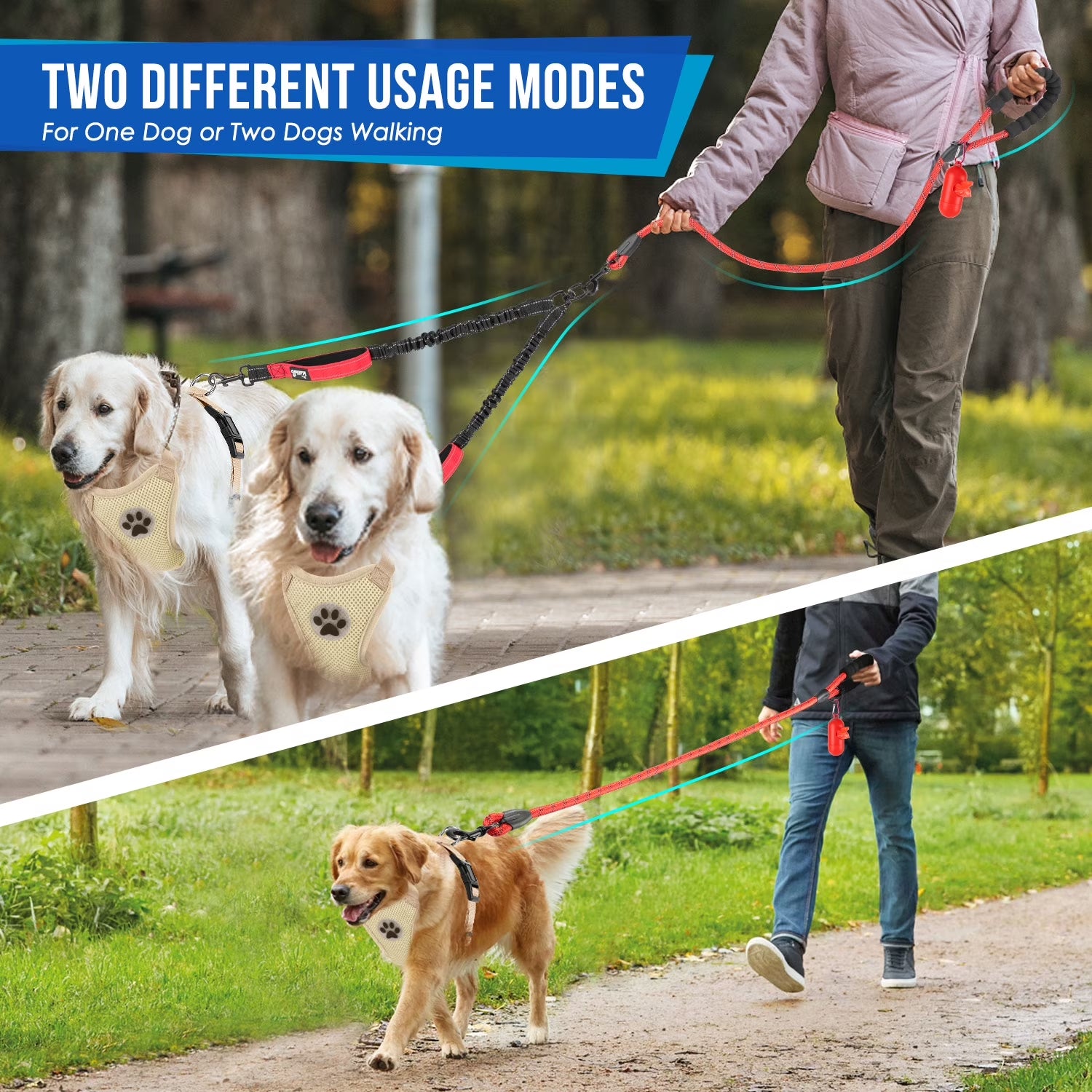 Double Dog Leash No Tangle – 360° Swivel Reflective Splitter for Two Dogs