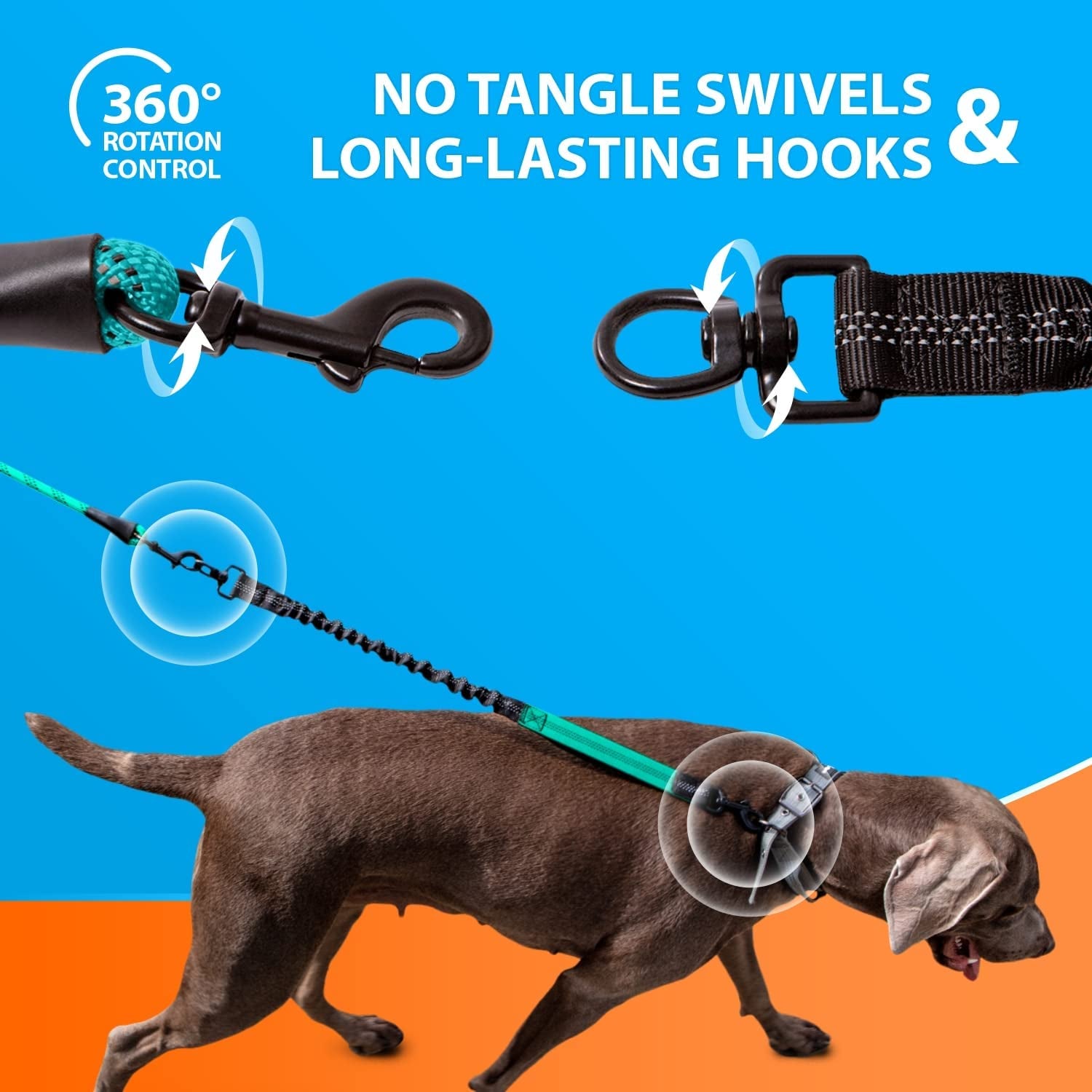 SparklyPets Heavy-Duty Rope Dog Leash with Shock-Absorbing Bungee