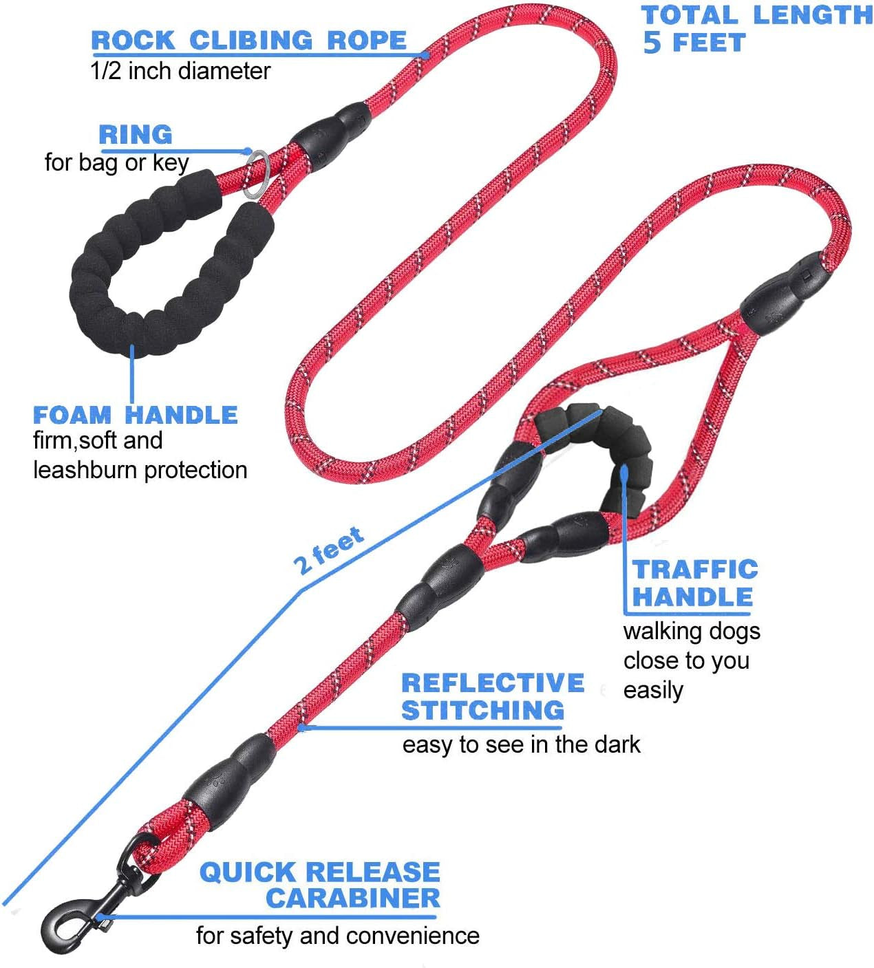 Heavy Duty Double Handle Dog Leash – Reflective Rope Lead with Padded Handles