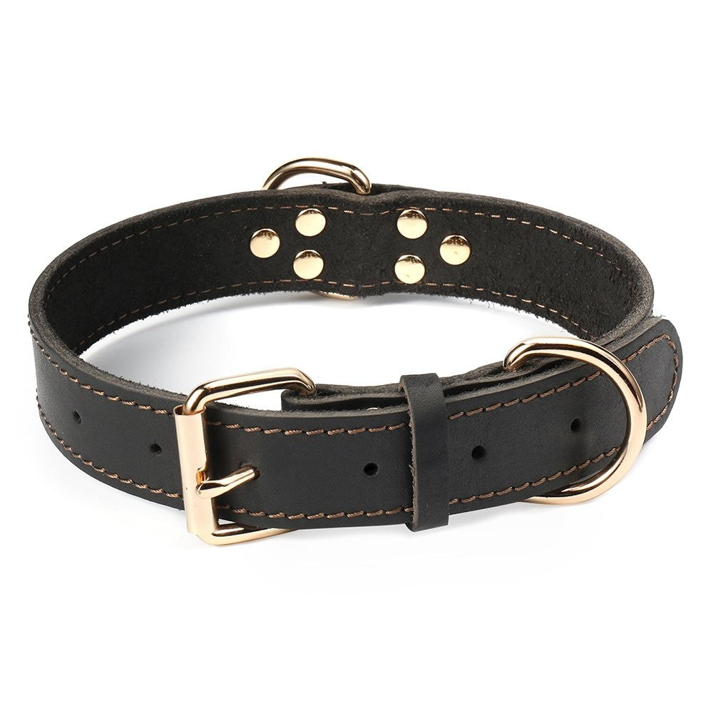 Classic Genuine Leather Dog Collar with Heavy-Duty Metal Buckle