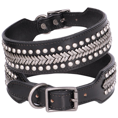 Luxury Genuine Leather Dog Collar – Wide Rivet Collar for Medium & Large Dogs