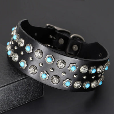 Luxury Genuine Leather Dog Collar – Wide Rivet Collar for Medium & Large Dogs