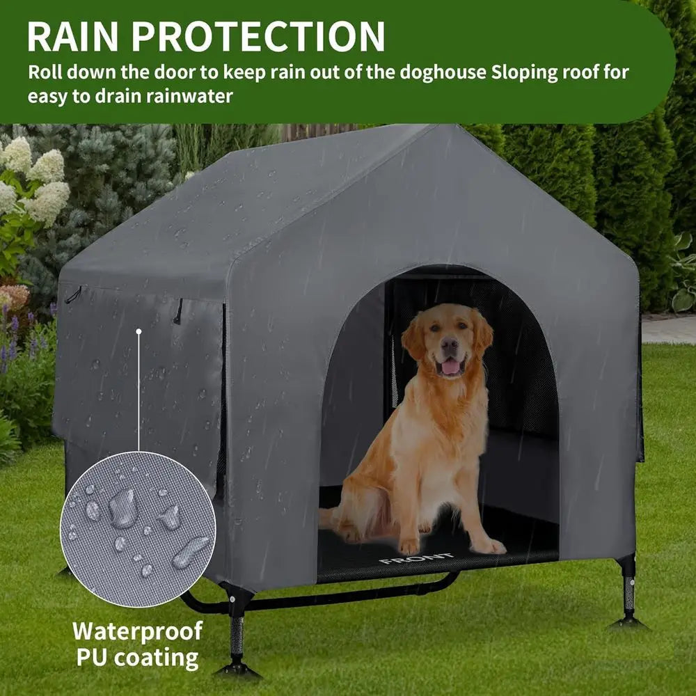 42" Elevated Outdoor Dog House with Breathable Mesh Windows & Shade Canopy