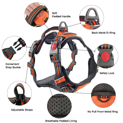 No Pull Adjustable Dog Harness with Reflective Padded Vest & Control Handle – Orange Small