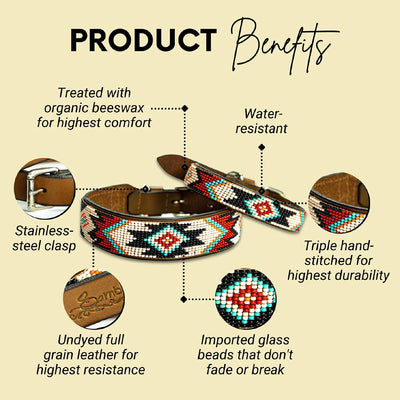 Phoenix Dog Collar - All Natural Handmade Soft Leather Dog Collar W/Durable Hand Stitched Beads and Embroidery for All Dogs (12-14")