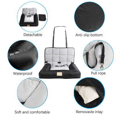 Waterproof Dog Car Seat Bed – Pet Travel Cushion with Removable Cover & Safety Belt