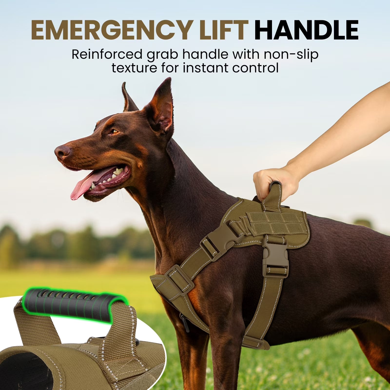 Reflective Adventure Dog Harness with Control Handle – Khaki Small