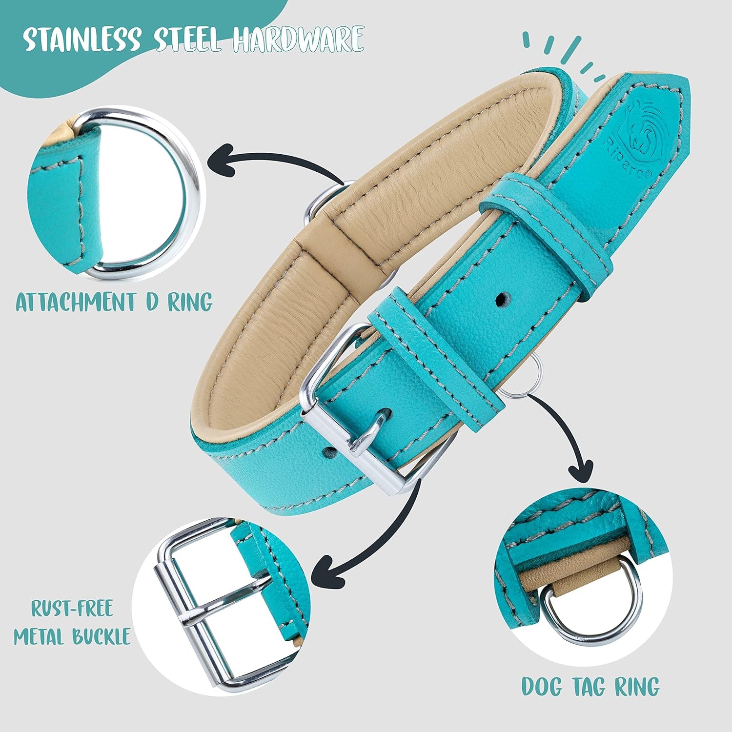 Riparo Dog Collars for Medium Dogs, Genuine Leather Dog Collar, Medium Dog Collar (M: 1" Wide for 13.5”-17.5” Neck, Aqua)