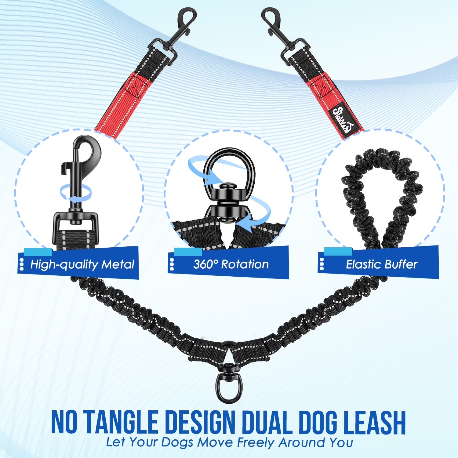 Double Dog Leash No Tangle – 360° Swivel Reflective Splitter for Two Dogs