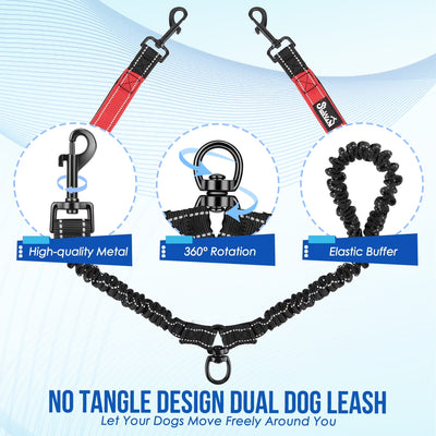 Double Dog Leash No Tangle – 360° Swivel Reflective Splitter for Two Dogs