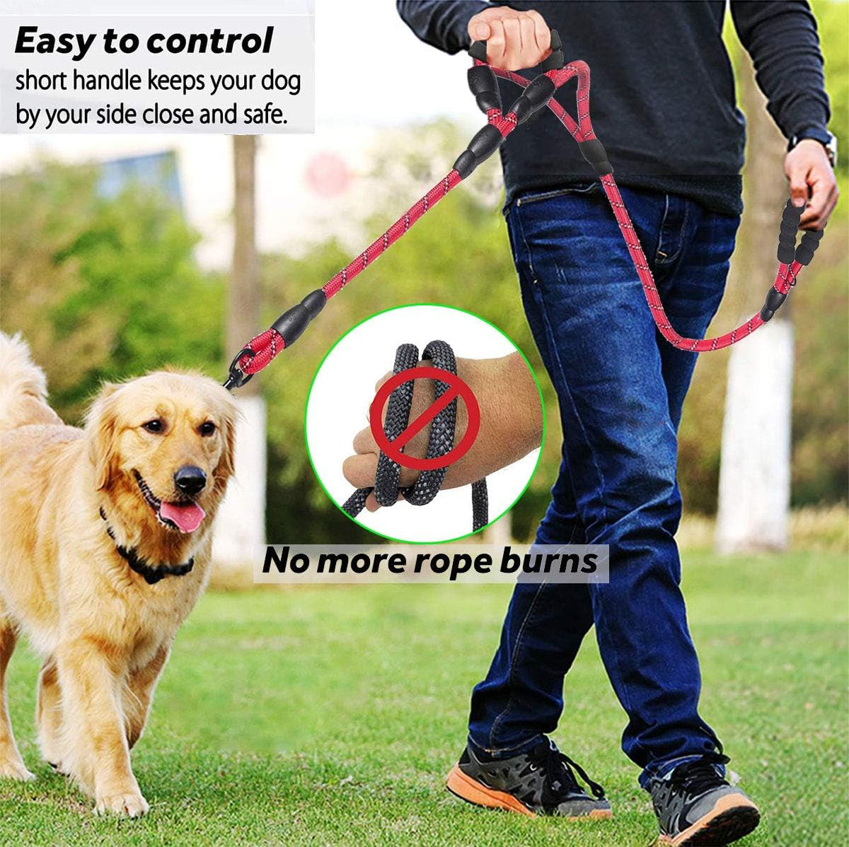 Heavy Duty Double Handle Dog Leash – Reflective Rope Lead with Padded Handles
