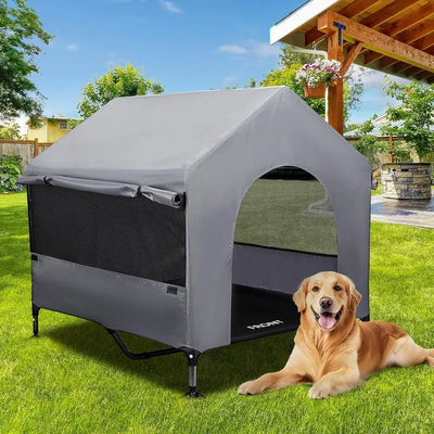 42" Elevated Outdoor Dog House with Breathable Mesh Windows & Shade Canopy