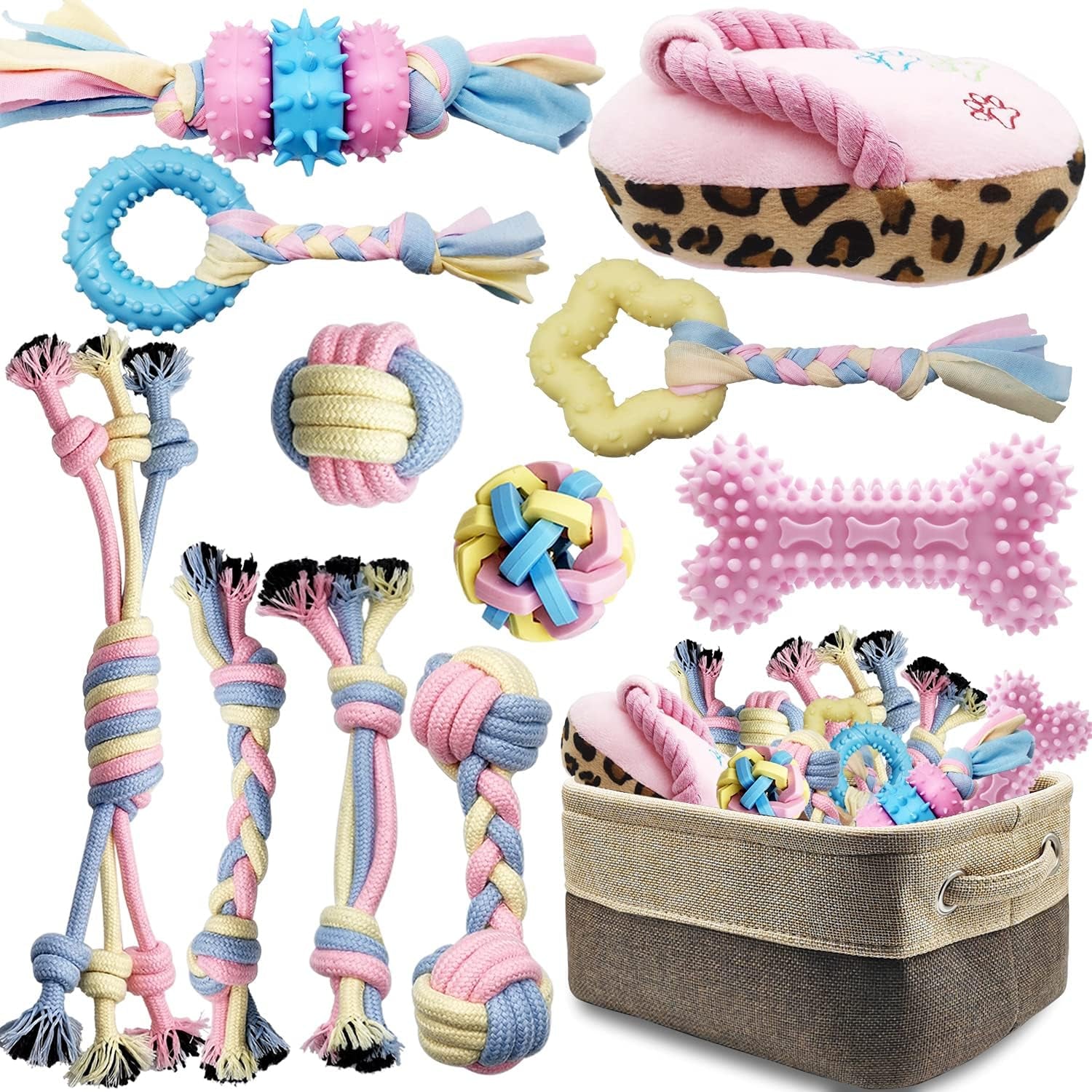 Puppy Teething Chew Toy Set – Rope Balls & Interactive Teeth Cleaning Toys with Storage Basket