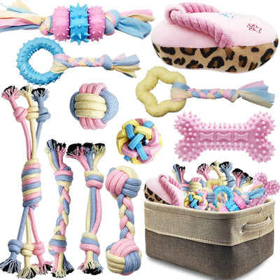Puppy Teething Chew Toy Set – Rope Balls & Interactive Teeth Cleaning Toys with Storage Basket