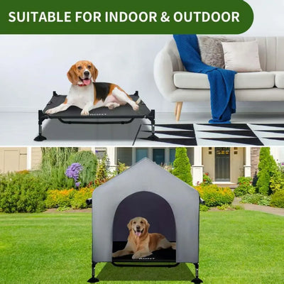 42" Elevated Outdoor Dog House with Breathable Mesh Windows & Shade Canopy