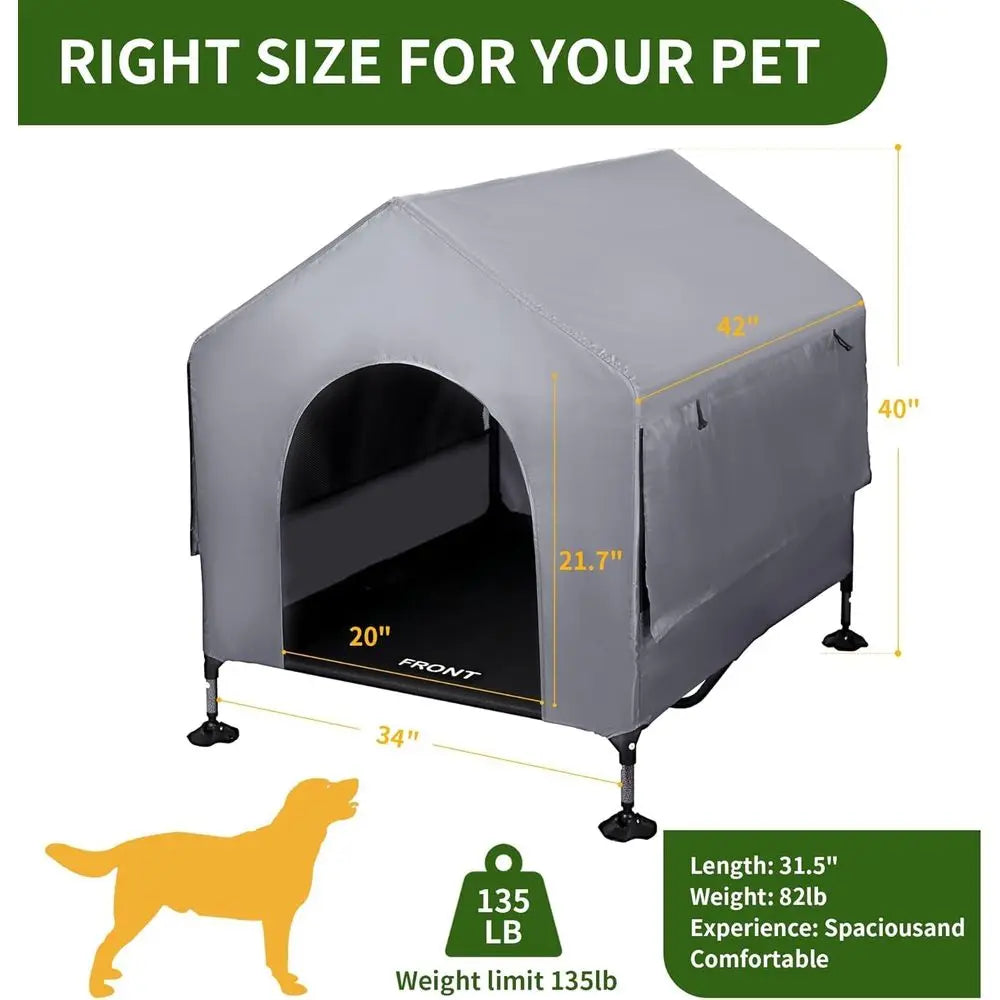 42" Elevated Outdoor Dog House with Breathable Mesh Windows & Shade Canopy