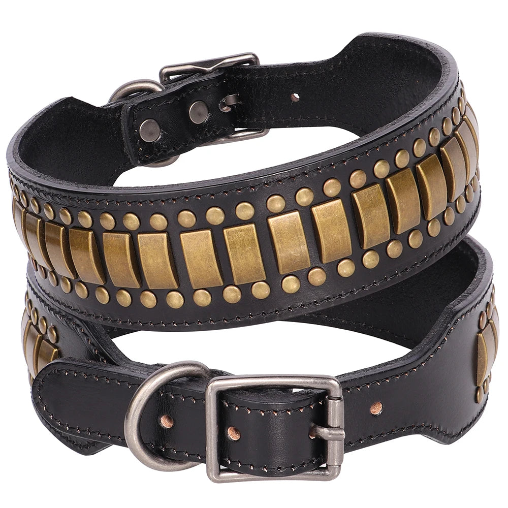 Luxury Genuine Leather Dog Collar – Wide Rivet Collar for Medium & Large Dogs