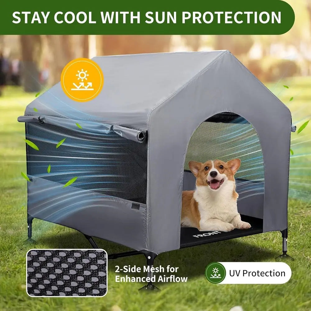 42" Elevated Outdoor Dog House with Breathable Mesh Windows & Shade Canopy