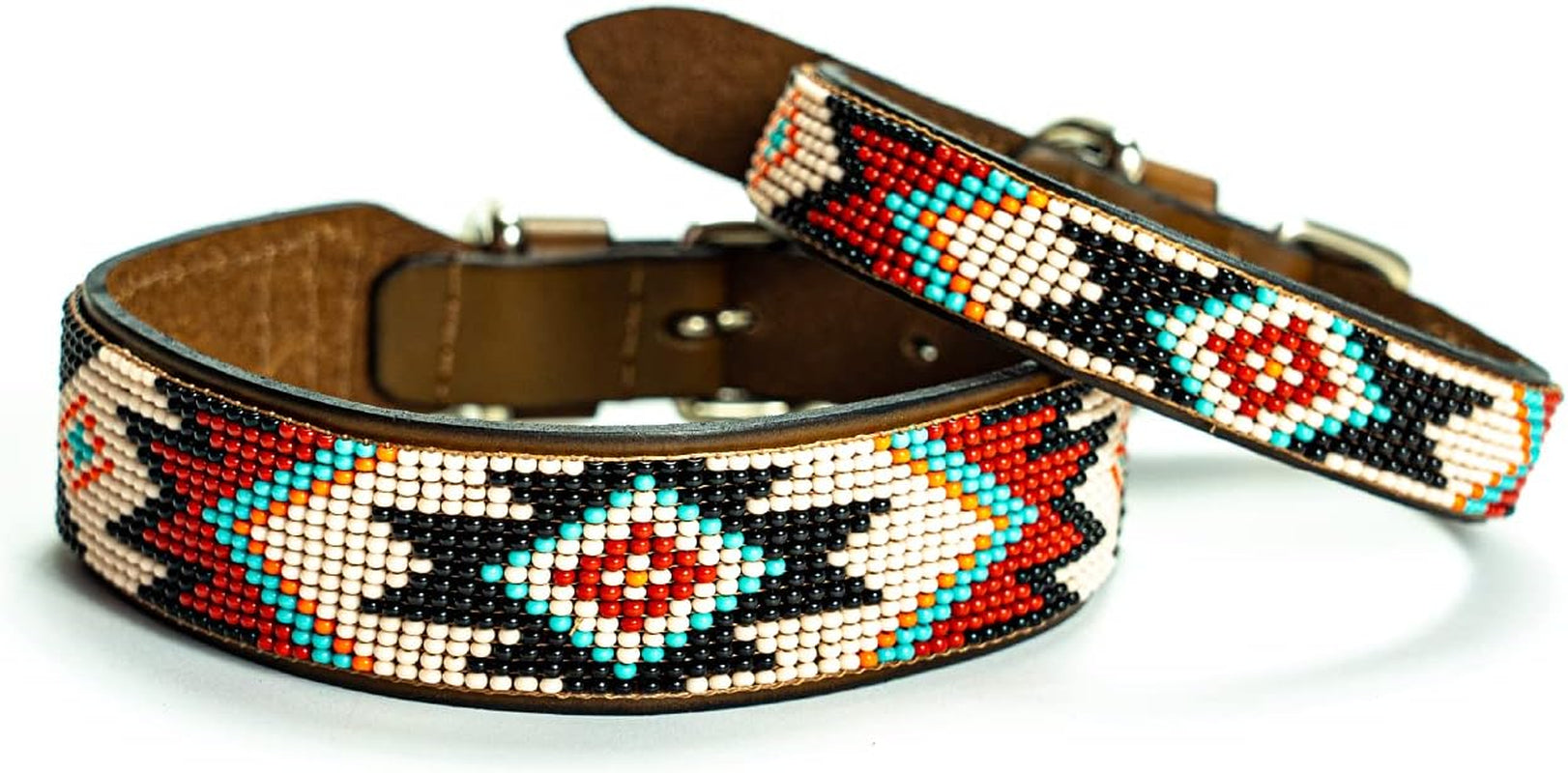 Phoenix Dog Collar - All Natural Handmade Soft Leather Dog Collar W/Durable Hand Stitched Beads and Embroidery for All Dogs (12-14")