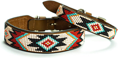 Phoenix Dog Collar - All Natural Handmade Soft Leather Dog Collar W/Durable Hand Stitched Beads and Embroidery for All Dogs (12-14")