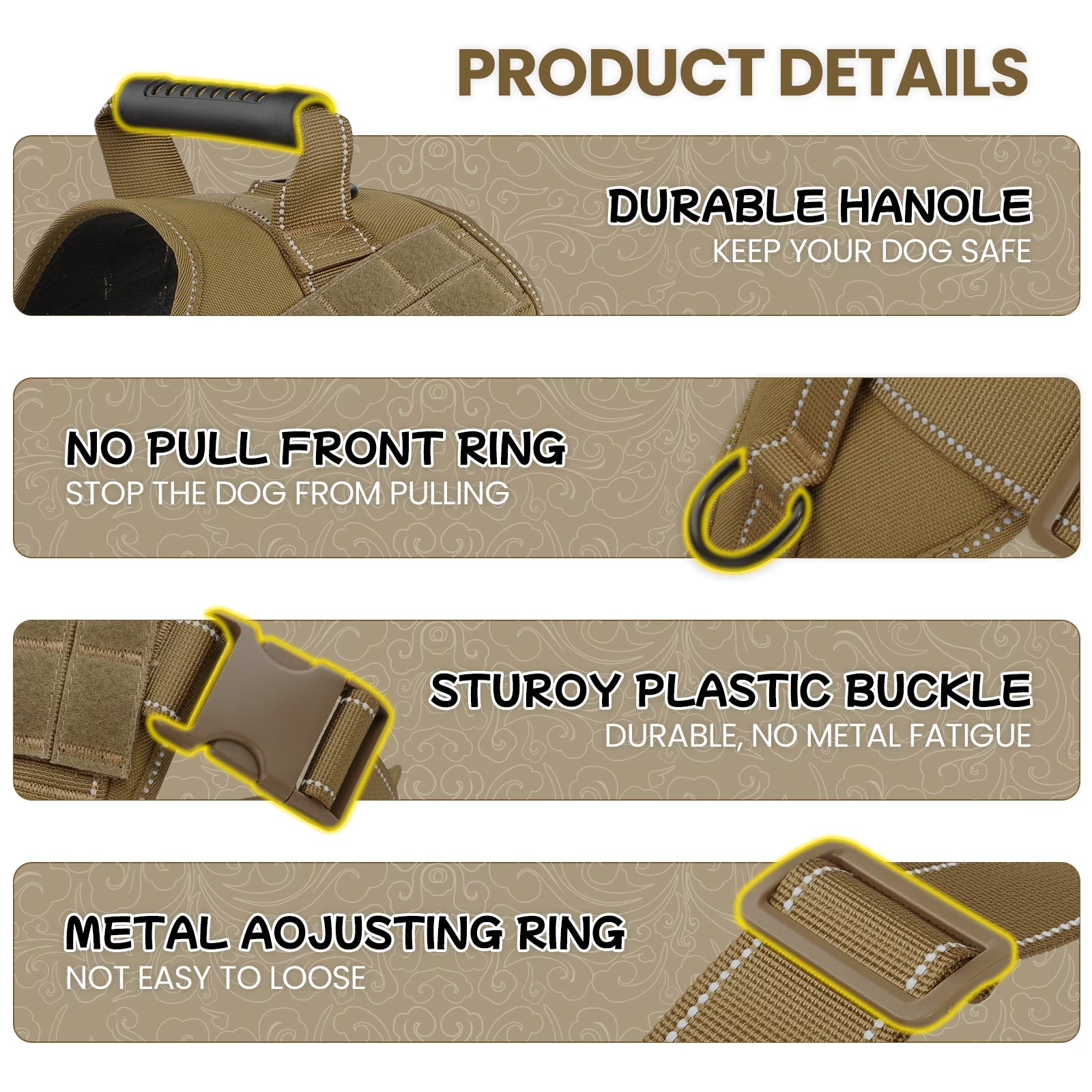 Reflective Adventure Dog Harness with Control Handle – Khaki Small