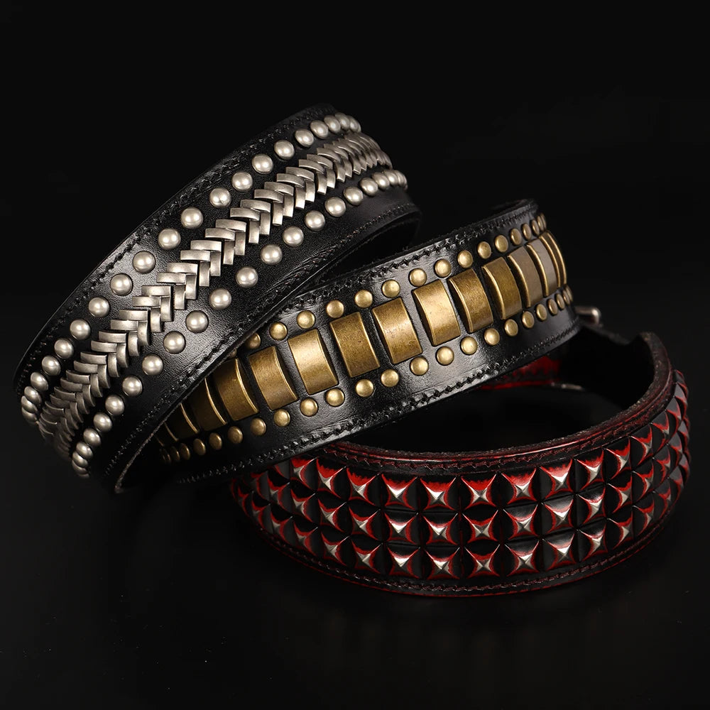 Luxury Genuine Leather Dog Collar – Wide Rivet Collar for Medium & Large Dogs