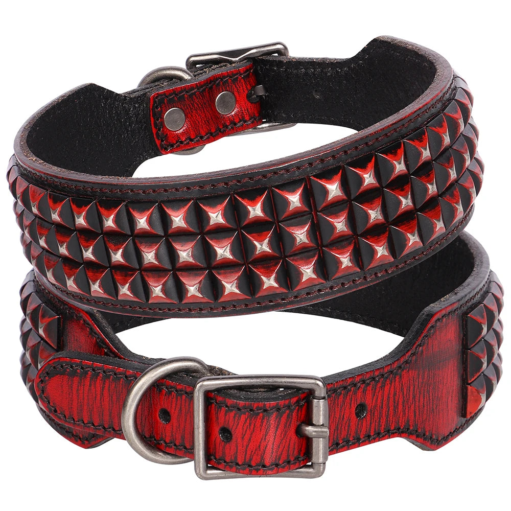 Luxury Genuine Leather Dog Collar – Wide Rivet Collar for Medium & Large Dogs