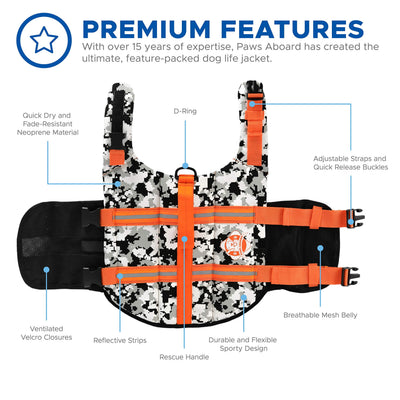 Paws Aboard Neoprene Dog Life Jacket – Grey Camo/Orange Small