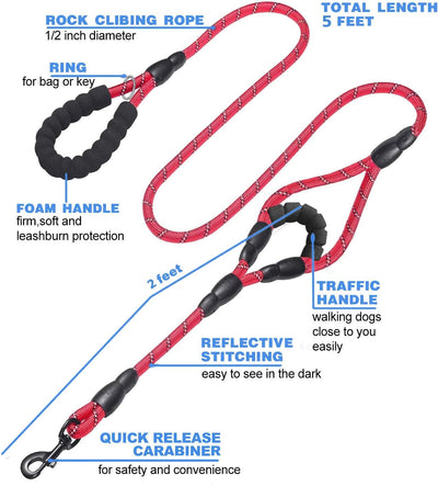 Heavy Duty Double Handle Dog Leash – Reflective Rope Lead with Padded Handles