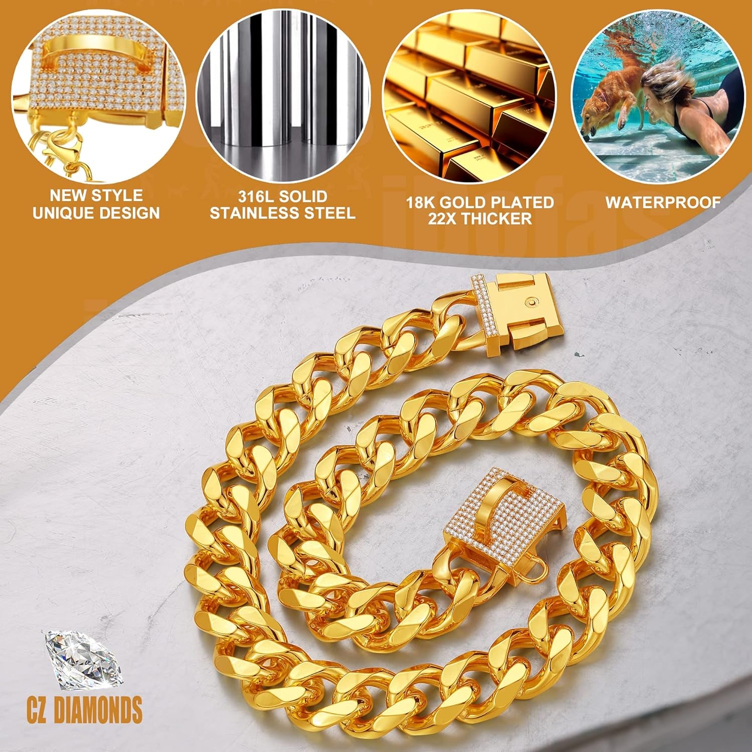 Luxury Gold Cuban Link Dog Collar with Crystal Buckle