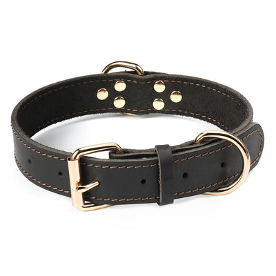 Classic Genuine Leather Dog Collar with Heavy-Duty Metal Buckle