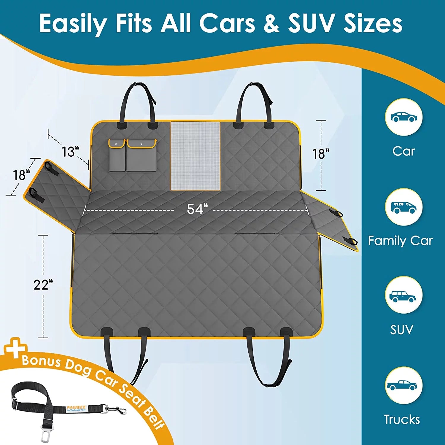 Waterproof Dog Car Seat Cover Hammock with Mesh Window & Seat Belt