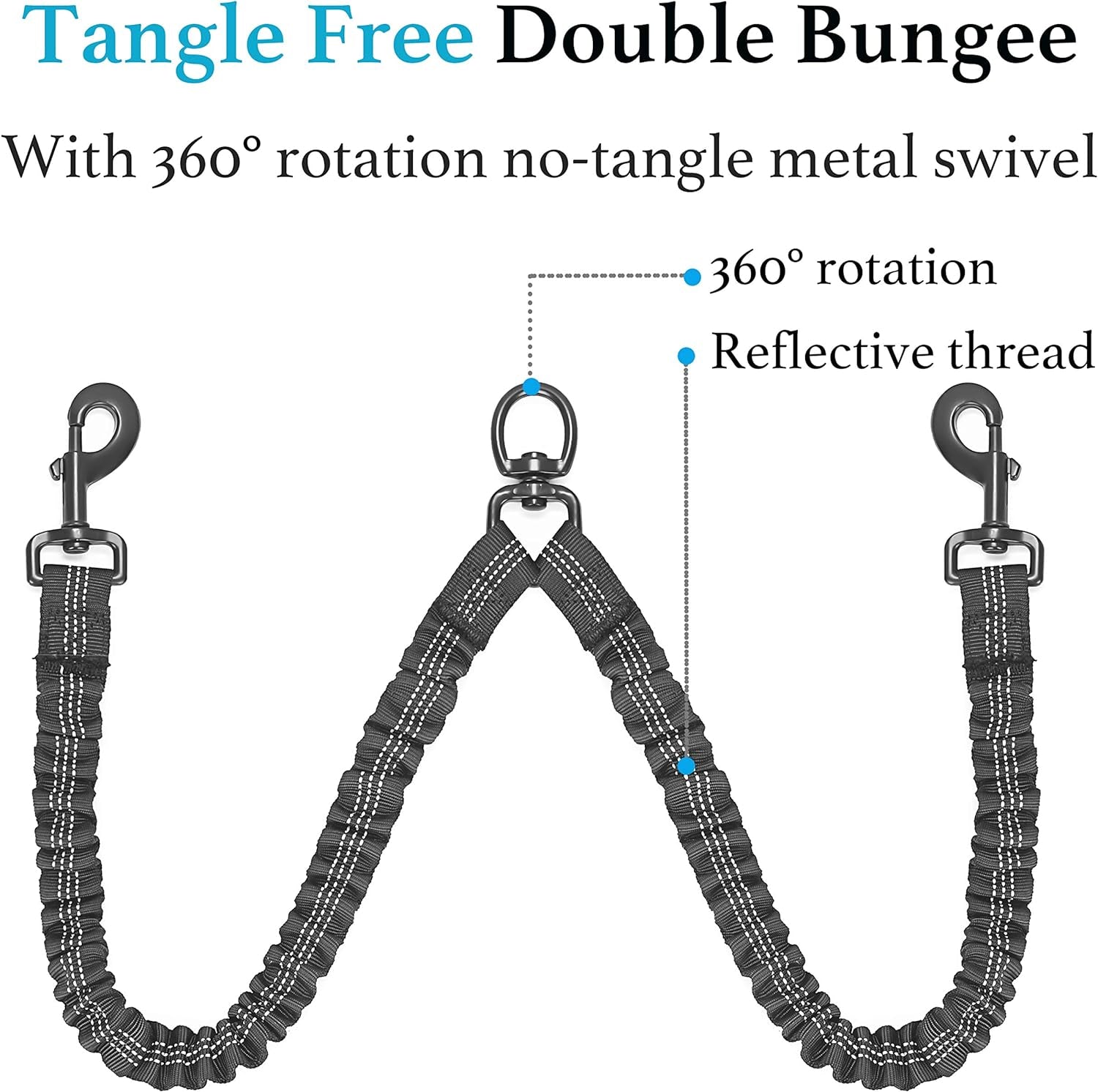 Dual Dog Leash with 360° Swivel – No Tangle Bungee Leash for Two Dogs