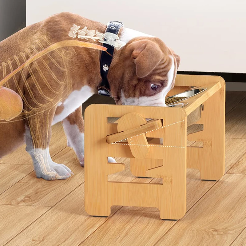 kf-S861902740883445abf10805d4864d798i-Elevated-Dog-Bowls-Bamboo-Tilted-Adjustable-Dogs-Feeder-Stand-with-Stainless-Steel-Food-Bowls-for-Puppies Stainless Steel Elevated Dog Bowls with Rack - Image 1