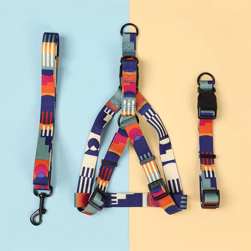kf-S2f4cbfa988124f04942c45161b6fb8b1n Adjustable Dog Harness, Collar & Leash Set with Colorful Patchwork Design - Image 1